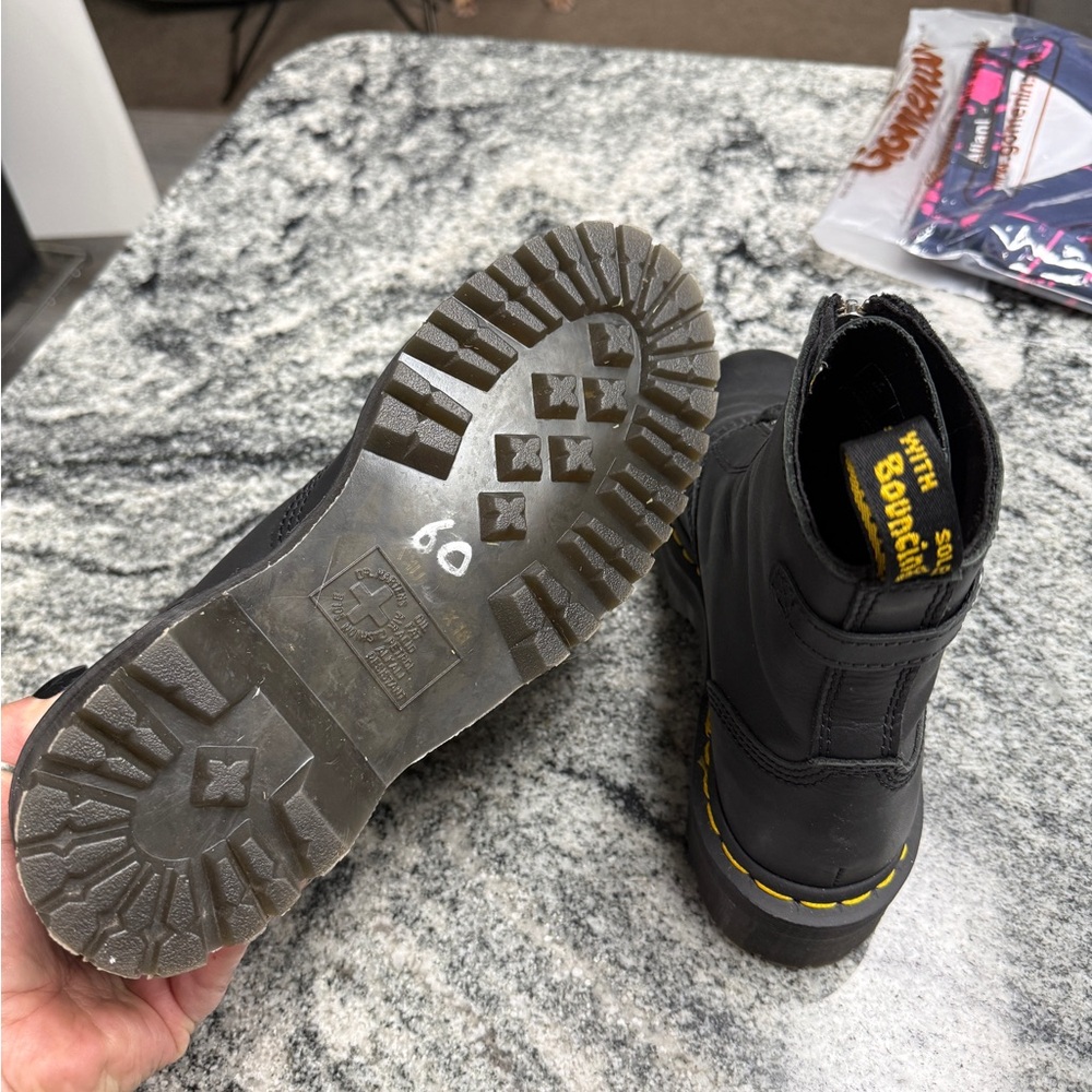 Dr. Martens Black Leather Front-Zip Platform Boots with Yellow Stitching - Picture 4 of 6